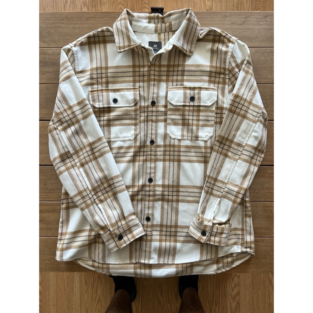 H&M Men's Plaid Flannel Shirt Long Sleeve White Brown X-Large